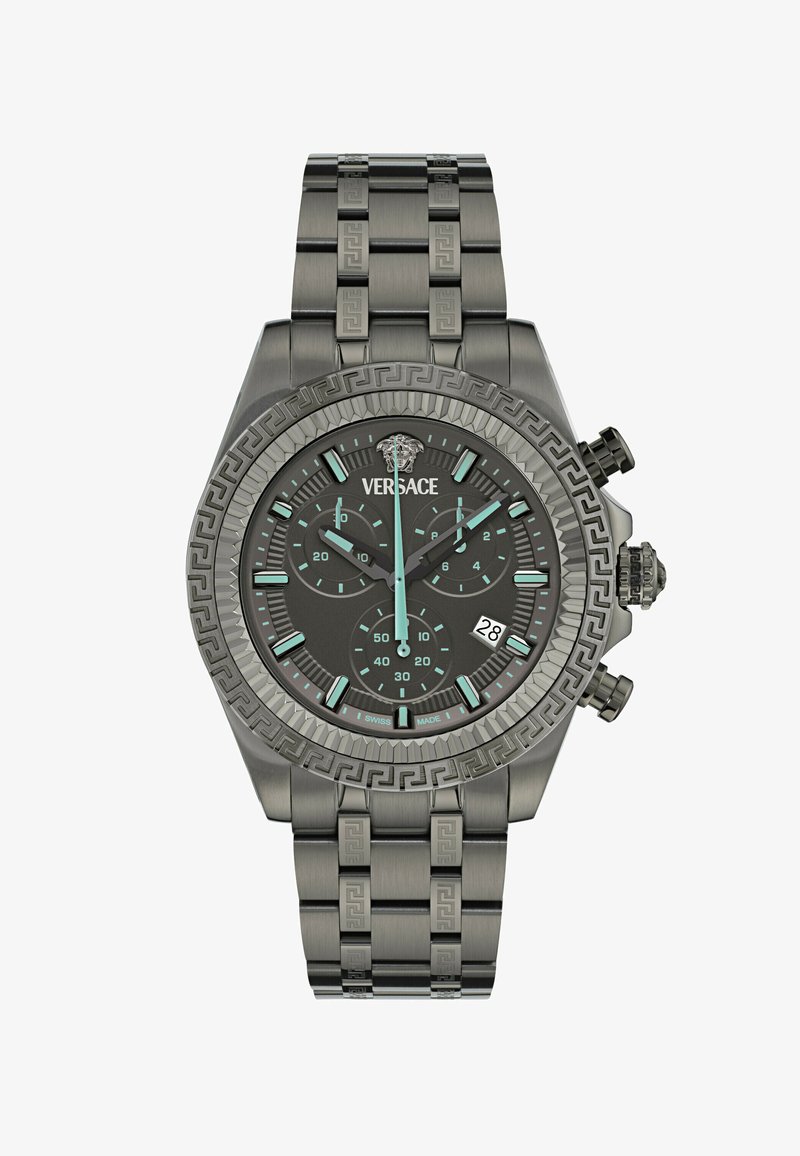 Orologio cronografo da uomo in acciaio inossidabile Versace con quadrante nero, accenti blu chiaro, display della data e bracciale dettagliato con motivo chiave greca.