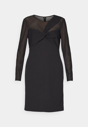 Vestido negro con mangas largas de tul, detalle retorcido en la parte delantera y silueta ajustada con cierre de cremallera en la parte trasera.