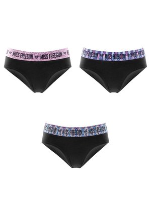 Trois sous-vêtements noirs de style bikini avec des ceintures élastiques aux motifs violets et roses, chacun arborant le texte « MISS FREEGUN » répété.