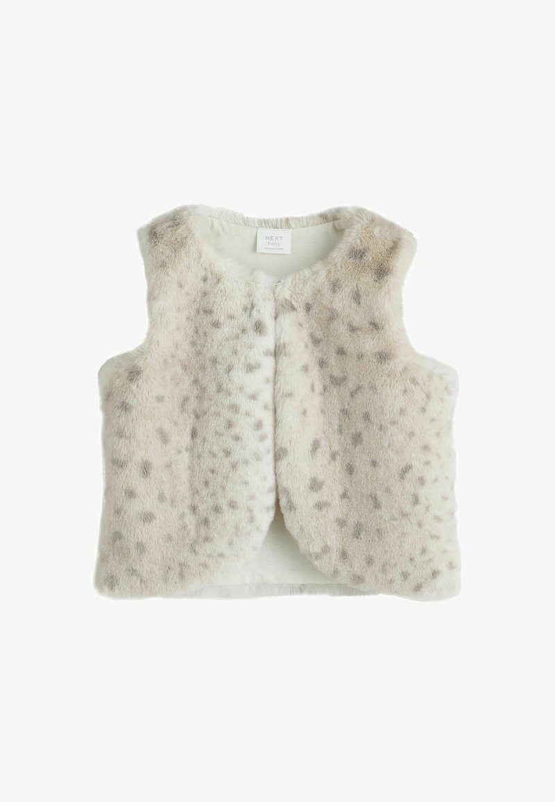 Gilet pour bébé en fausse fourrure beige avec des taches brun clair, de cou arrondi et à ouverture devant. Texture douce sur toute la surface.