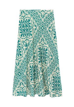 Jupe trapèze crème et sarcelle avec de grands motifs floraux et médaillons géométriques uniformément répartis sur le tissu.