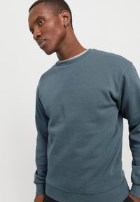 Joven vestido con un sudadera azul de cuello redondo y un pequeño aro en la oreja, mirando hacia su izquierda, contra un fondo blanco liso.