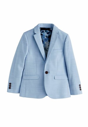 Blazer bleu deschis cu un singur nasture, rever cu crestătură, buzunare cu clapetă și căptușeală interioară cu model floral, prezentat întins pe fundal alb.
