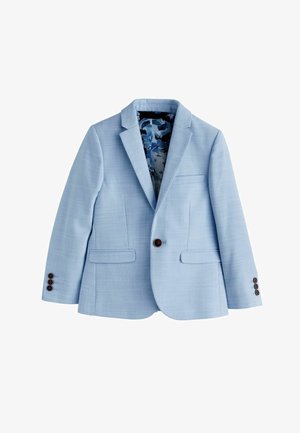 Blazer bleu deschis cu un singur nasture, rever cu crestătură, buzunare cu clapetă și căptușeală interioară cu model floral, prezentat întins pe fundal alb.
