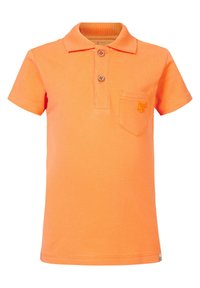 Oranje polo shirt van katoen, met een kraag, twee houten knopen, een borstzak en een reliëflogo op de zak.