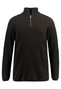 Schwarzer Zip-Up-Pullover mit geripptem Textil, langen Ärmeln und hohem Kragen; verfügt über einen kleinen Reißverschluss am Hals und eine einfarbige Optik.