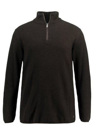 Sweat à zip noir avec une texture côtelée, des manches longues et un col haut ; présente une petite fermeture éclair au niveau du cou et une couleur unie.