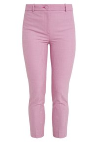 Roze geruite broek met een slim fit, voorzien van een knoop- en ritsluiting en voorzakken. Het materiaal heeft een zachte textuur.