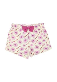 Shorts imprimés crème avec des motifs floraux roses et violets. Présentent une taille élastique et un nœud rose à l'avant.