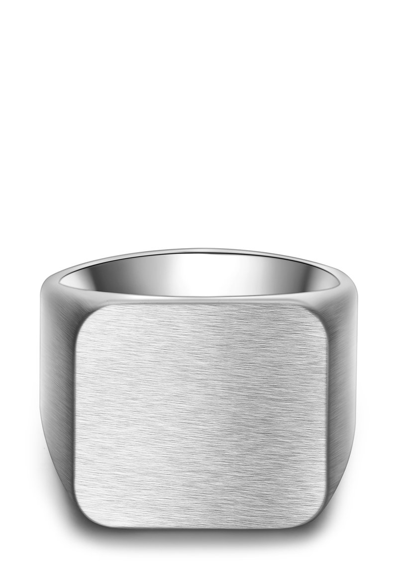 Srebrny pierścionek z matowym wykończeniem, o płaskim, prostokątnym wierzchołku i zaokrąglonych krawędziach, z gładką wewnętrzną obrączką dla wygody noszenia.