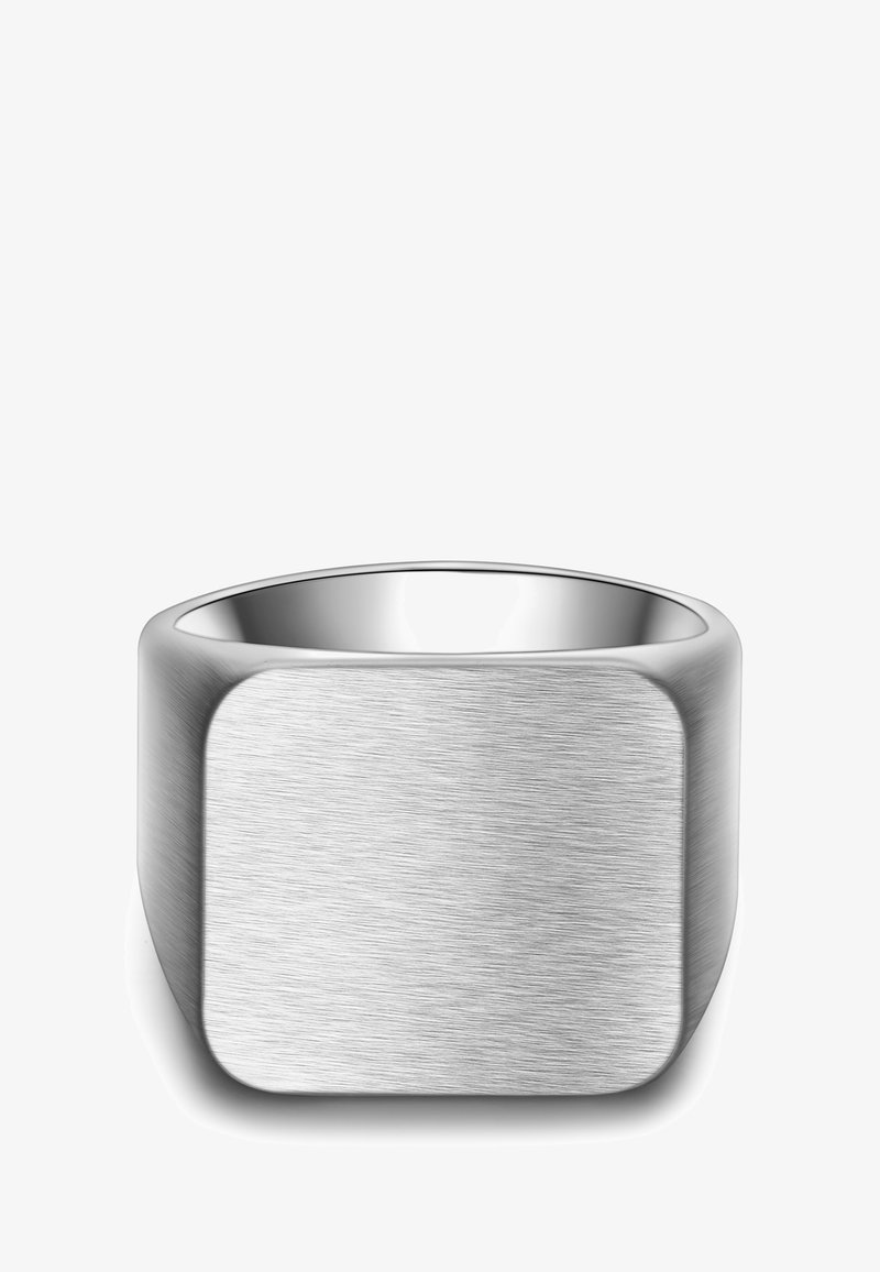 Čelični prsten od brušenog srebra s ravnim, pravokutnim vrhom i zaobljenim rubovima, s glatkom unutarnjom trakom za udobnost.