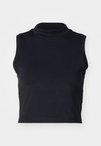 Top corto negro sin mangas con cuello alto, fabricado en una tela suave; presenta costuras limpias a lo largo de los bordes y una silueta ajustada.