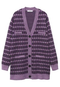 Cardigan s geometrickým vzorem v purpurové a černé barvě, dlouhé rukávy, výstřih do V, pět černých knoflíků a čtyři malé přední kapsy.
