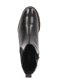 Black leather ankle boot with elastic side panels and a decorative leopard print. Features a round toe and a textured rubber sole.