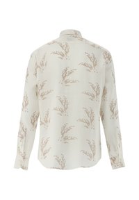 Weißes Langarmhemd mit beigem botanischem Druck, Button-Down-Kragen und knöpfbaren Manschetten. Weicher Stoff mit glatter Textur.