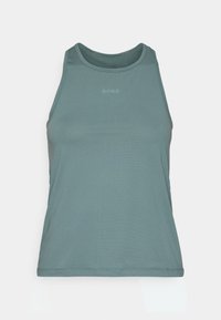 Licht teal mouwloos sporttop gemaakt van rekbare stof. Heeft een ronde halslijn en een klein reliëf 'BORG' logo in het midden.
