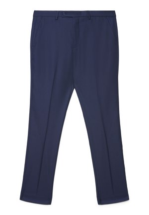 Pantaloni da uomo sartoriali blu navy con passanti per cintura, tasche laterali, chiusura con bottone e piega frontale dettagliata.