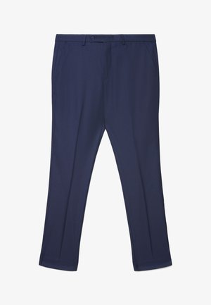 Pantaloni da uomo sartoriali blu navy con passanti per cintura, tasche laterali, chiusura con bottone e piega frontale dettagliata.