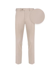 Beżowe spodnie w kant z płaskim przodem, zamkiem błyskawicznym i zapięciem na guzik. Gładka tkanina z delikatnym wzorem teksturalnym. Slim fit.