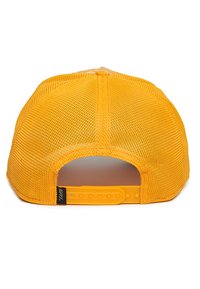 Yellow mesh snapback hat featuring a plastic adjustable strap, curved brim, and a structured crown. Back view shows detailed stitching.