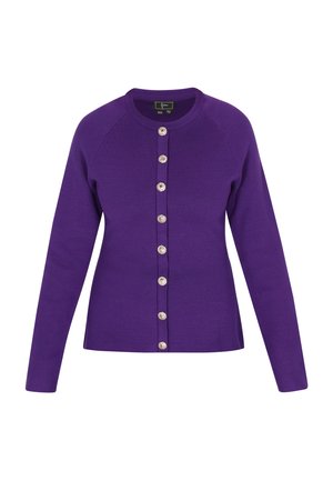 Paarse gebreide cardigan met een ronde hals, lange mouwen en een sluiting met zes knopen met zilveren hardware aan de voorkant.
