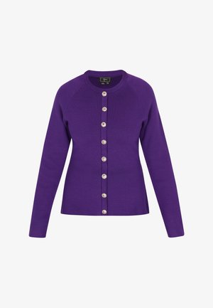 Lilla kudumisega kardigan ümmarguse kaelusega, pika varrukaga ja kuue nööbiga, millel on hõbedased riistvara detailid ees.