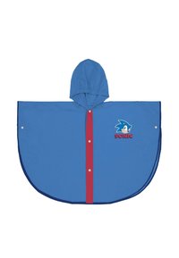 Poncho imperméable bleu avec capuche, présentant une rayure centrale rouge et un graphisme du personnage Sonic. Forme ronde avec fermetures à pression.