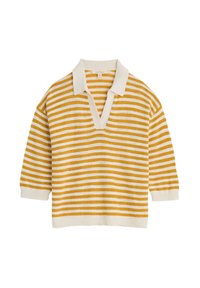Pull rayé jaune et blanc avec un col en V et un col blanc. Caractérisé par une coupe ample et des poignets et un ourlet côtelés. Texture douce, design décontracté.