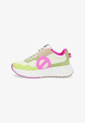 Multicolored sneaker featuring a mesh upper in cream, green, and pink accents. Rounded sole with textured white midsole and rubber outsole.
