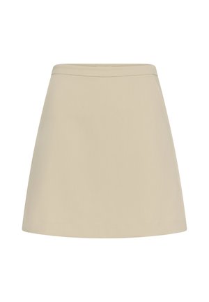 Jupe trapèze beige avec taille plate, tissu lisse et sans motifs apparents ni fermetures, présentée sur fond blanc.