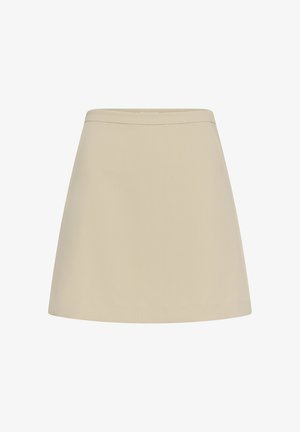 Bež suknja A-kroja s ravnim pojasom, glatkim tkanjem i bez vidljivih uzoraka ili kopči, prikazana na bijeloj pozadini.