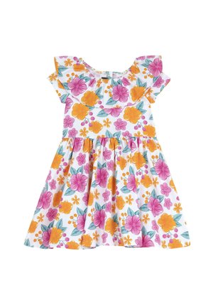 Abito floreale con maniche corte a sbuffo, fondo bianco, con fiori rosa e arancio, foglie verdi e dettaglio in vita arricciato.