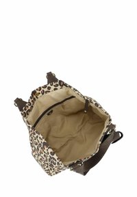Borsa a tracolla in tela con esterno a stampa leopardo, dettagli marroni e tasca interna con zip. Forma strutturata con doppie maniglie.