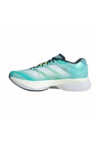 Lightweight running shoe with a mesh upper in teal and white, featuring a padded collar, black laces, and a responsive white midsole.
