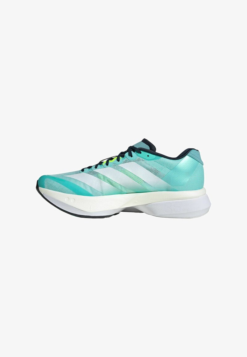 Lightweight running shoe with a mesh upper in teal and white, featuring a padded collar, black laces, and a responsive white midsole.