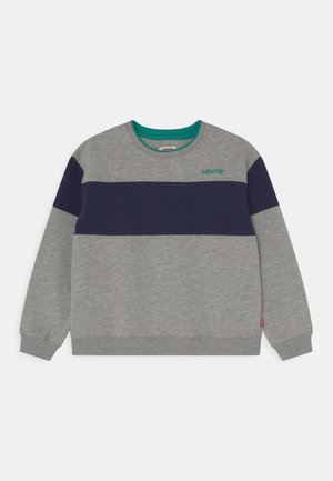 Bluza z okrągłym dekoltem w jasnoszarym kolorze z szerokim granatowym pasem poziomym na klatce piersiowej i rękawach, turkusową podszewką kołnierza oraz małym turkusowym logo Levi's.