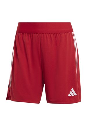 Red athletic shorts made of lightweight fabric, featuring a white elastic waistband, side stripes, and an embroidered logo on the lower side.