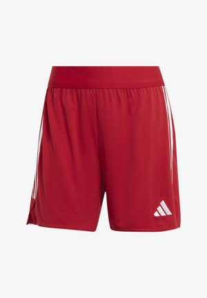 Rote Sportshorts aus leichtem Material, mit einem weißen elastischen Bund, seitlichen Streifen und einem gestickten Logo an der unteren Seite.