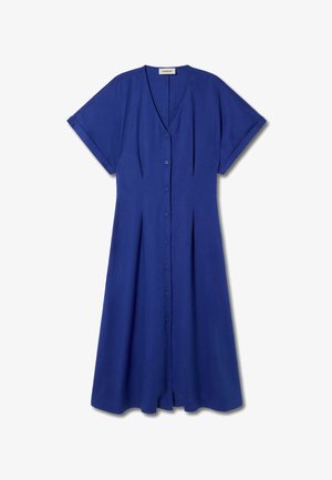 Blauwe blousejurk van lichtgewicht stof. Heeft een V-hals, korte mouwen en plooien aan de voorkant. Ronde zoom.