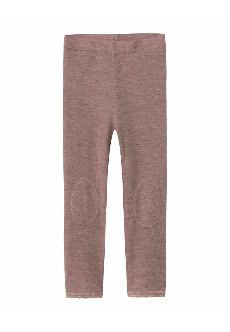 Leggings i mjuk mauve-färgad tyg med en texturerad yta. Har knäpatchar och vågig fåll. Sittande design, längd ovanför anklarna.