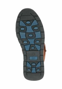 Suela de zapato de goma con una superficie texturada negra, que presenta zonas de agarre azules en un patrón ovalado. Incluye una marca de talla (37) dentro de un detalle circular.