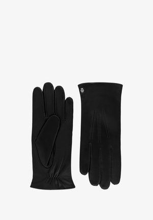 Pair of black leather gloves, one showing palm side with elastic wrist and the other showing back with decorative stitching and small emblem.