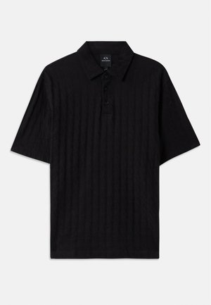 Black short-sleeve polo shirt with a textured pattern, three-button placket, and a classic collar. Made from breathable fabric.