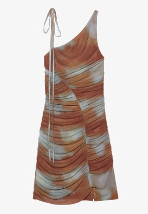 Ruched one-shoulder dress in brown and light blue tie-dye. Features a drawstring strap, textured fabric, and asymmetrical hemline.