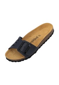 Black slide sandal with a cork footbed, adjustable strap featuring a metallic buckle, and textured rubber outsole for grip.