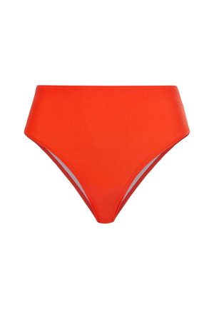 Højtaljet bikini bund i livlig orange, med en glat tekstur, ensfarvet design og en fuld komfortabel pasform for dækning.