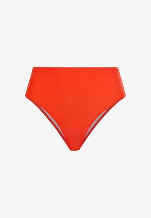 Hooggecut bikini onderstuk in levendig oranje, met een gladde textuur, effen kleur en een volledig gesneden ontwerp voor bedekking.