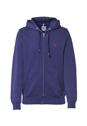 Felpa con zip navy realizzata in morbido tessuto misto cotone. Presenta una zip frontale, due tasche e un piccolo logo rosso sul petto.