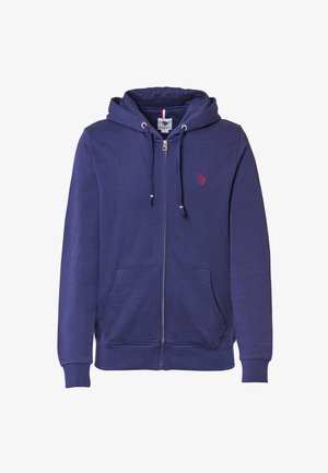 Felpa con zip navy realizzata in morbido tessuto misto cotone. Presenta una zip frontale, due tasche e un piccolo logo rosso sul petto.