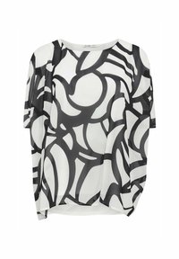 Blusa bianca con grande motivo astratto nero. Maniche corte, scollo rotondo e vestibilità rilassata. Tessuto leggero e liscio con minima drappeggiatura.